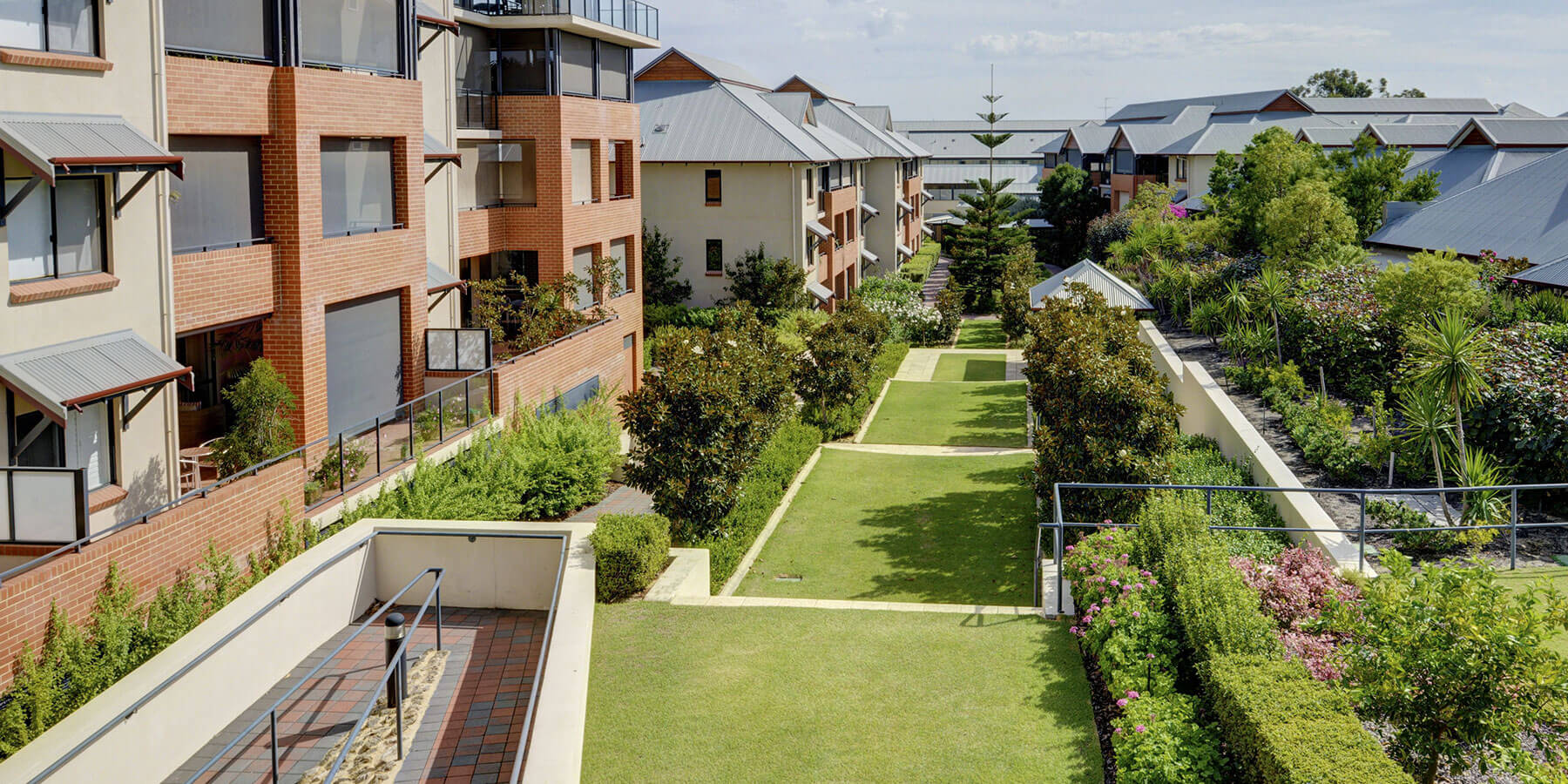 Tiered grass banks lined with trees and apartments either side at St Ives Centro retirement village
